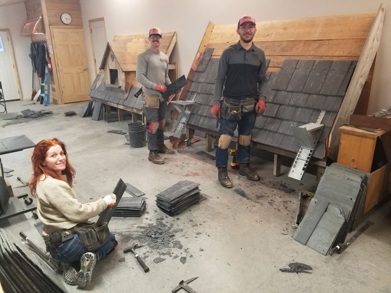 Slate Roof Installation class of February 10, 2026 - Taught by Joe Jenkins in Grove City, PA. Slate Roof Installation class of February 10, 2026 - Taught by Joe Jenkins in Grove City, PA. Present are Alejandro Salto, Christy Wilkinson, and Nate Arni.