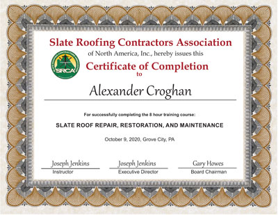 Slate Roof Repair Certificate for Alexander Croghan
