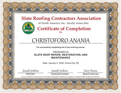 Christoforo Anania - January 9, 2026, Introduction to Slate Roof Repair Course, Grove City, PA Christoforo Anania - January 9, 2026, Introduction to Slate Roof Repair Course, Grove City, PA