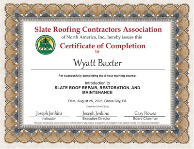 Slate Roof Repair and Restoration Introductory Course for Wiss Janey employee Wyatt Baxter, August 25, 2023