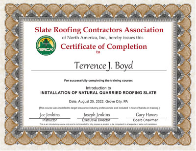Slate Roof Installation Certificate for Terrence J. Boyd.