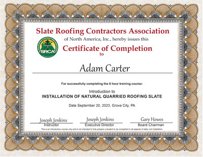 Slate Roof Installation Introductory Course Certificate for N. W. Martin employee Adam Carter, September 20, 2023