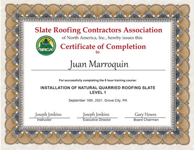 Slate Roof Installation Course at Joseph Jenkins Inc., September 16, 2021: Juan Marroquin, Graduate