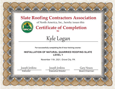 Slate roof installation Certificate of Completion for Kyle Logan