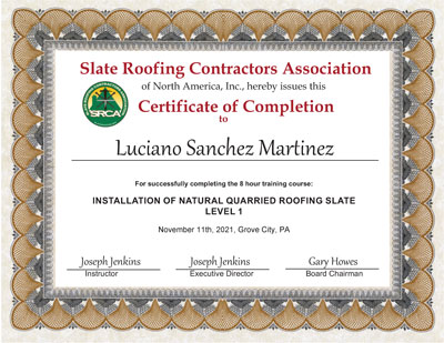 Slate roof installation Certificate of Completion for Luciano Sanchez