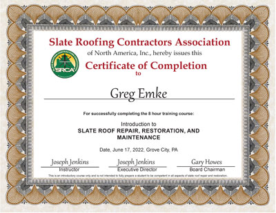 Greg Emke Slate Roof Repair Certificate