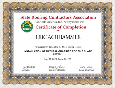 Slate Roof Installation Training Certificate for Eric Achhammer