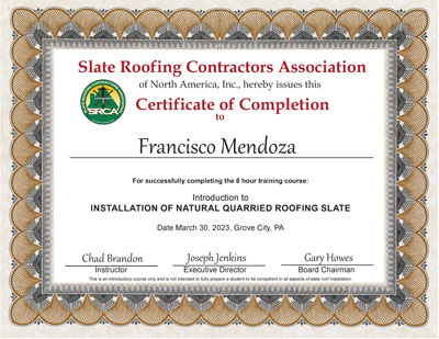 Francisco Mendoza, Heins Construction Slate Roof Install and Repair Classes March 30-31, 2023