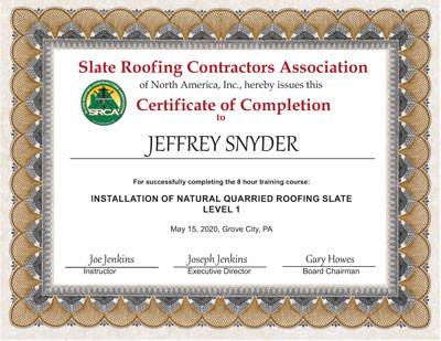 Slate Roof Installation Training Certificate for Jeffrey Snyder