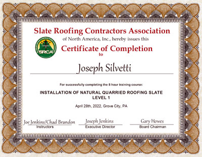 Joseph Sylvetti Slate Roof Installation Certificate