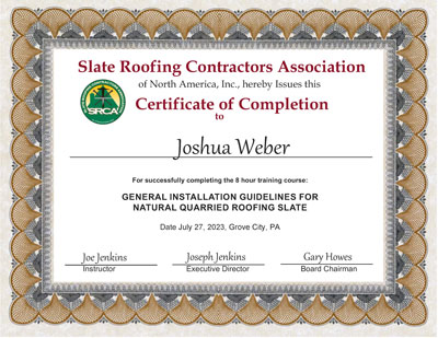 Josh Weber Slate Roof Installation Introductory Course, July 27, 2023