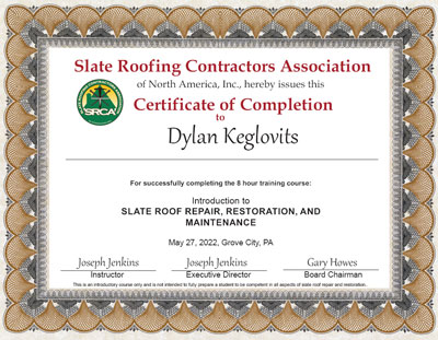 Dylan Keglovits Slate Roof Repair Certificate