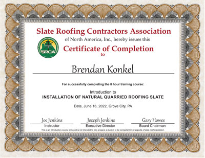 Brendan Konkel Slate Roof Installation Certificate
