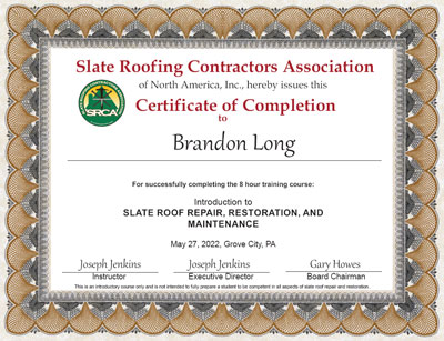 Brandon Long Slate Roof Repair Certificate
