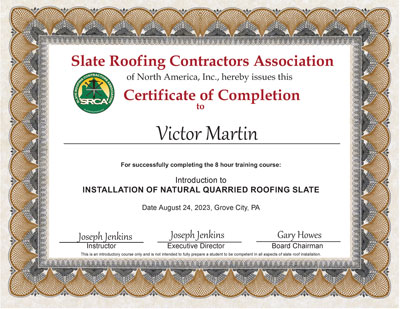 Slate Roof Installation Introductory Course for Wiss Janey employee Victor Martin, August 24, 2023