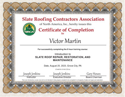 Slate Roof Repair and Restoration Introductory Course for Wiss Janey employee Victor Martin, August 25, 2023