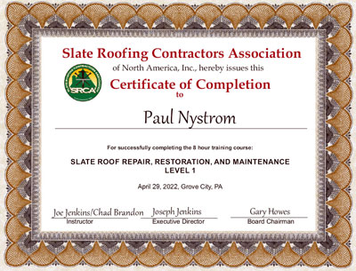 Paul Nystrom Slate Roof Repair Certificate