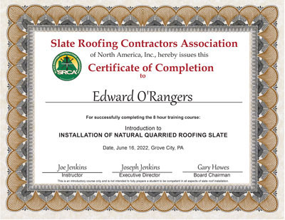 Edward Rangers Slate Roof Installation Certificate