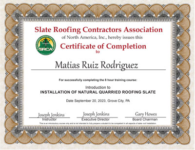 Slate Roof Installation Introductory Course Certificate for N. W. Martin employee Matias Rodriguez, September 20, 2023