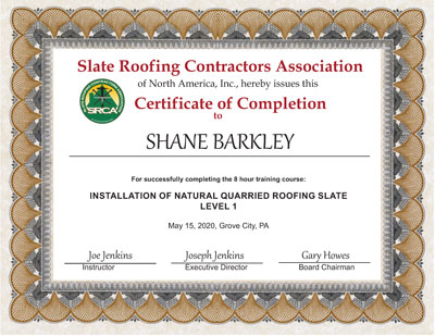 Slate Roof Installation Training Certificate for Shane Barkley