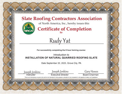Slate Roof Installation Introductory Course Certificate for N. W. Martin employee Rudy Yat, September 20, 2023