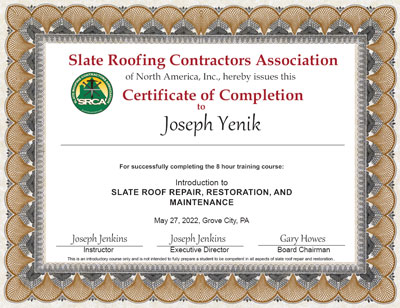 Joseph Yenik Slate Roof Repair Certificate