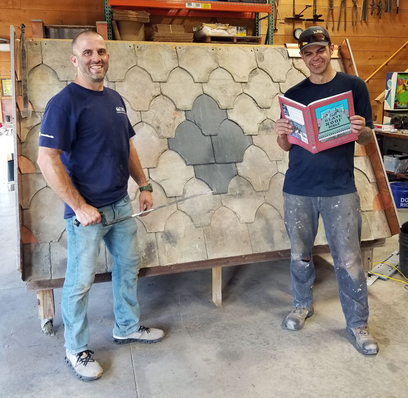CHris Castellan and Mark DeMarines complete a Slate Roof Repair, Maintenance,and Restoration class at the Slate Roof Training Center on August 15, 2025. 