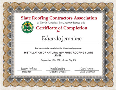 Slate Roof Installation Course at Joseph Jenkins Inc., September 16, 2021: Eduardo Jeronimo, Graduate