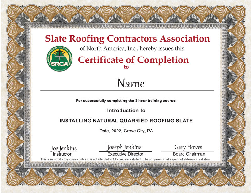 Slate Roof Installation Course: Certificate of Completion