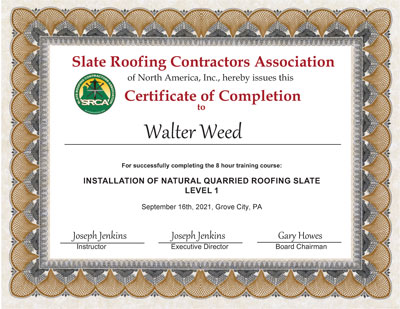 Slate Roof Installation Course at Joseph Jenkins Inc., September 16, 2021: Walter Weed, Graduate