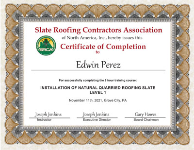 Slate roof installation Certificate of Completion for Edwin Perez