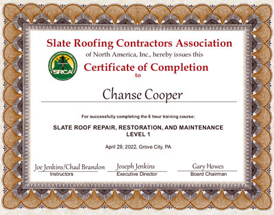 Chanse Cooper Slate Roof Repair Certificate
