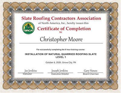 Slate Roof Installation Training Certificate for Christopher Moore