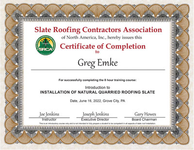 Greg Emke Slate Roof Installation Certificate