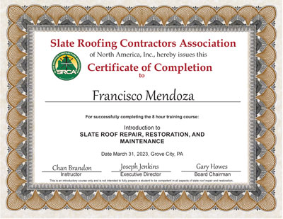 Francisco Mendoza, Heins Construction, Slate Roof Repair Course, March 31, 2023