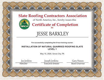 Slate Roof Installation Training Certificate for Jesse Barkley
