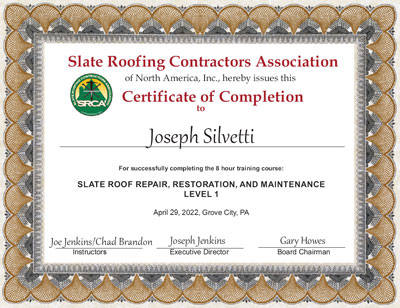 Joseph Sylvetti Slate Roof Repair Certificate