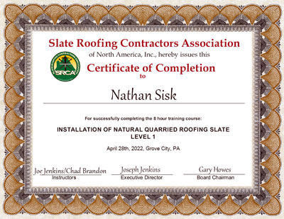 Nathan Sisk Slate Roof Installation Certificate