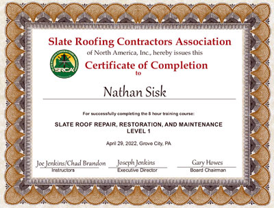 Nathan Sisk Slate Roof Repair Certificate