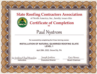 Paul Nystrom Slate Roof Installation Certificate