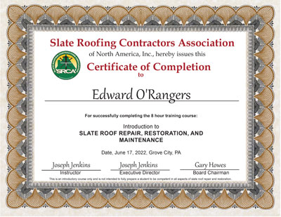 Edward Rangers Slate Roof Repair Certificate