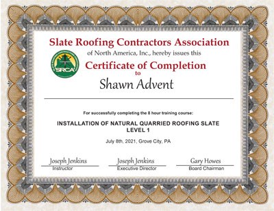 Slate Roof Installation Training Certificate for Shawn Advent